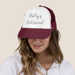 Bridesmaid Name Calligraphy Typography Wedding Trucker Hat<br><div class="desc">This beautiful, personalized hat is perfect for all the bridesmaids in the bridal party! Replace the placeholder name with the bride's name. "Ashley's Bridesmaid" (or any bride's name) is in handwritten-style calligraphy. Choose a hat colour to match your wedding colours. Makes a wonderful gift for a wedding, shower, engagement, or...</div>