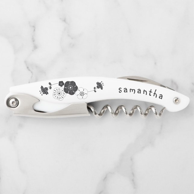 Bridesmaid Name Date Artsy Floral White Corkscrew (Front)