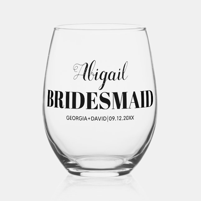 Bridesmaid name typography wedding stemless wine glass (Front)