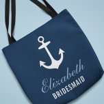 Bridesmaid Navy Nautical Anchor Custom Wedding Tote Bag<br><div class="desc">Custom wedding tote bag features a boat anchor with custom text that can be personalized with the name and role of the person in your bridal party. A pattern of red,  cloud blue,  grey,  and white anchors appears on the back side. The navy blue background colour can be customized.</div>