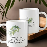 Bridesmaid Palm Leaf Bridal Party Personalized Coffee Mug<br><div class="desc">Bridal party gift mug to personalize for your bridesmaid - or anyone in your wedding party. Bridesmaid is lettered in swirly handwritten calligraphy and, you can easily switch this to a different role, by entering the design tool. The design features a watercolor tropical palm leaf which is also used in...</div>