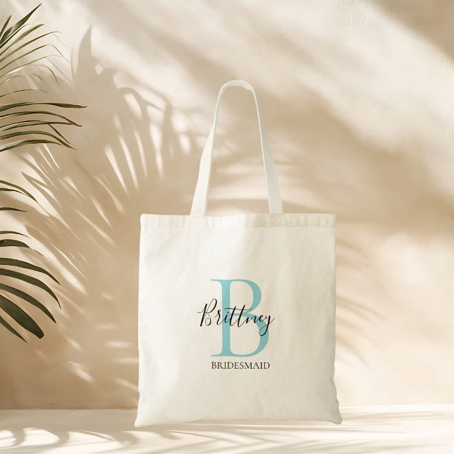 Bridesmaid Personalized Blue and Black Monogram Tote Bag (Creator Uploaded)
