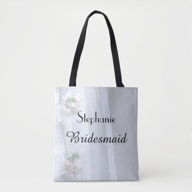 Bridesmaid Personalized Name Faux Vintage Lace Tote Bag (Front)