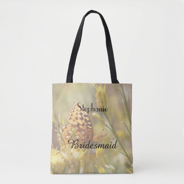 Bridesmaid Personalized Name, Yellow Butterfly Tote Bag (Front)