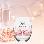 Bridesmaid pink bow stemless wine glass<br><div class="desc">Decorated with a girly pink bow.  Personalize and add your bridesmaid's name.   Black handwritten style script.</div>