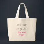 Bridesmaid Pink Custom Name Wedding Bachelorette Large Tote Bag<br><div class="desc">Beautiful calligraphy,  pink Bridesmaid tote bag. Perfect for Wedding paper tote bag. Bride squad.</div>