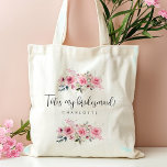 Bridesmaid Pink Floral Personalized name Tote Bag<br><div class="desc">Bridesmaid Pink Floral Personalized name Tote Bag This elegant pink floral watercolor tote bag is the perfect bridesmaid proposal or gift. Featuring a personalized name in beautiful calligraphy, it adds a thoughtful and stylish touch to your wedding celebration. Its charming design makes it both a practical and memorable keepsake for...</div>