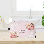 Bridesmaid pink florals lace dopp kit<br><div class="desc">A blush pink background. Decorated with pink roses,  flowers and white lace.
Personalize and add your bridesmaid's name.</div>