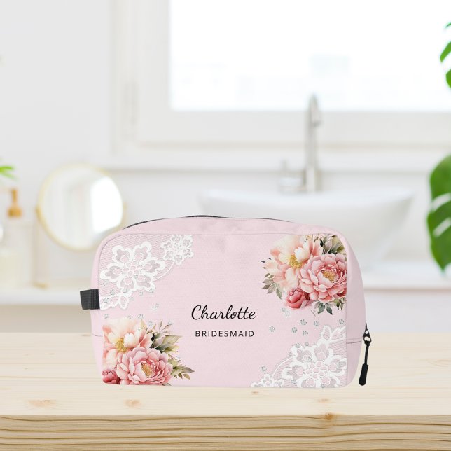 Bridesmaid pink florals lace dopp kit (Creator Uploaded)