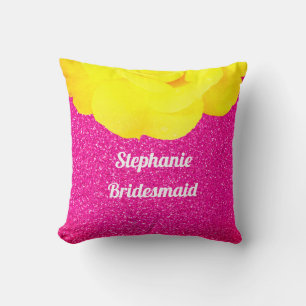 Bridesmaid Pink Glitter Wedding Floral Yellow Rose Throw Pillow