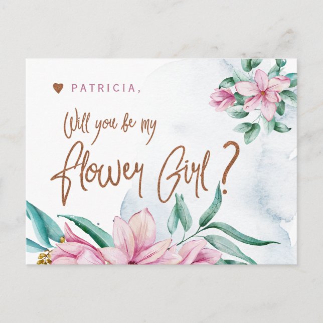Bridesmaid  pink mint will you be my flower girl postcard (Front)