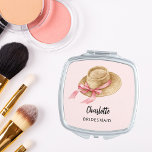Bridesmaid pink strawhat compact mirror<br><div class="desc">A strawhat with a pink ribbon and bow. Personalize and add your bridesmaid's name.   Black handwritten style script.</div>