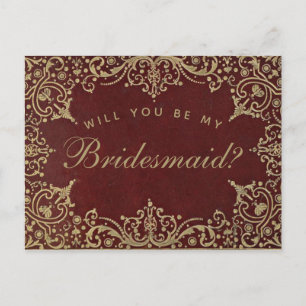 Bridesmaid Proposal Elegant Vintage Gold Burgundy Postcard