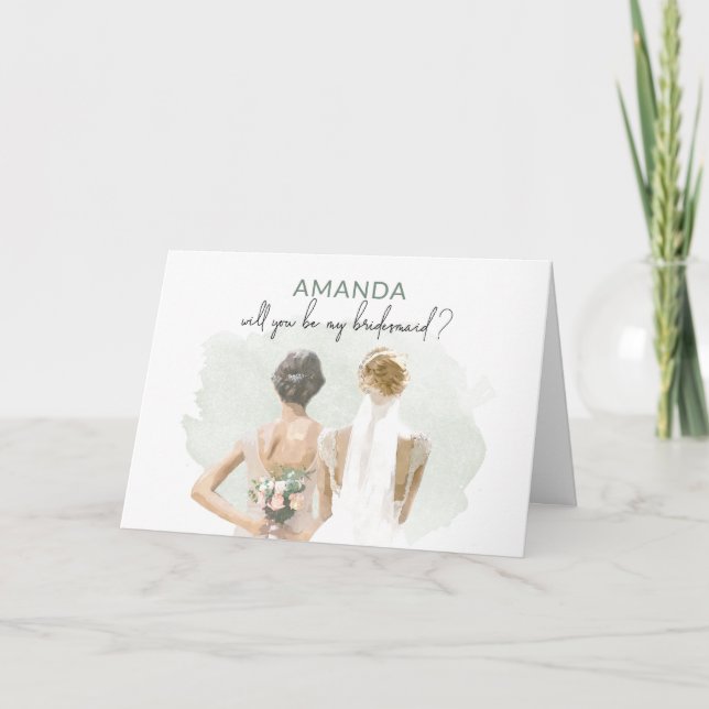 Bridesmaid Proposal Green Watercolor Custom Name Card (Front)