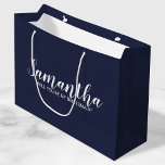 Bridesmaid Proposal | Modern Script Navy Blue Large Gift Bag<br><div class="desc">Bridesmaid Proposal | Modern Script Navy Blue Gift Bag
featuring personalized bridesmaid's name in white modern script font style on navy blue background.

Also perfect for maid of honour,  flower girl,  groomsman,  best man and ring bearer.</div>