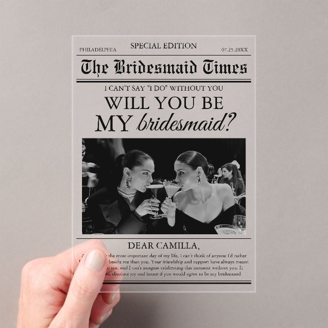 Bridesmaid Proposal Newspaper Photo Acrylic Invitations (Insitu (Handheld))