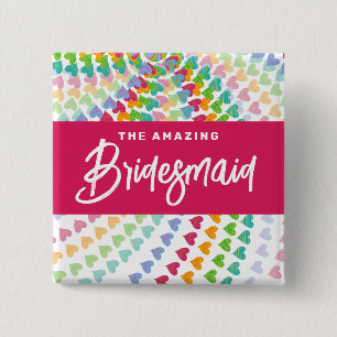 BRIDESMAID Rainbow Hearts Sprinkles Chic Wedding 2 Inch Square Button