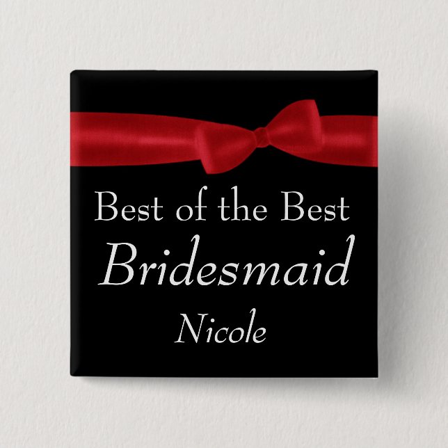 BRIDESMAID  Red Bow Wedding Custom Name 2 Inch Square Button (Front)