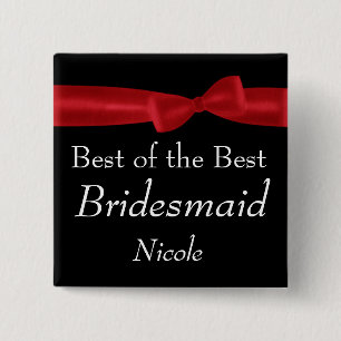 BRIDESMAID  Red Bow Wedding Custom Name 2 Inch Square Button