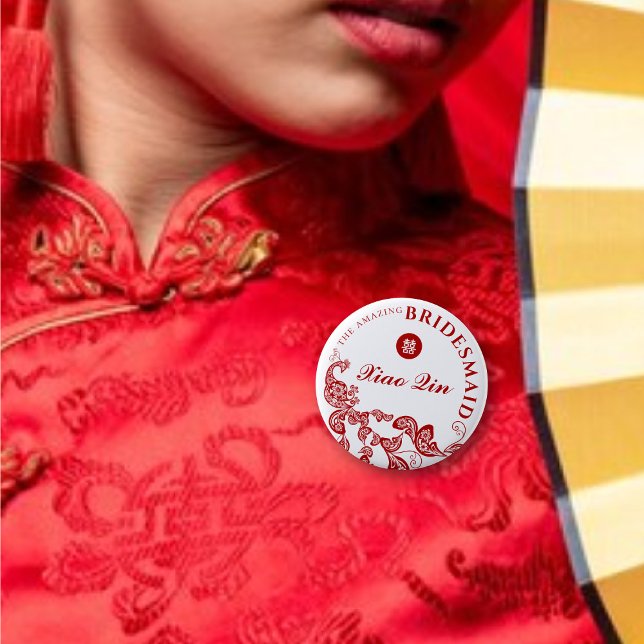 BRIDESMAID Red Floral Boho Peacock Chinese Wedding 2 Inch Round Button (BRIDESMAID Red Floral Boho Peacock Double Happiness Chinese Wedding Pin Button @ fatfatin_red_knot)