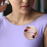 Bridesmaid rose gold florals burgundy 1 inch round button<br><div class="desc">A trendy bohemian boho style for a bridal shower or wedding. Decorated with watercolored roses in burgundy and pink. Trendy rose gold faux metallic background. The rose gold color is uneven. A faux gold geometric frame. With the text: Bridesmaid written with a hand lettered style script. Template for the Bridesmaid...</div>