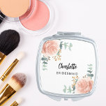 Bridesmaid rose gold florals eucalyptus greenery compact mirror<br><div class="desc">Decorated with watercolored rose gold roses,  eucalyptus greenery and golden sprigs.  Personalize and add your bridesmaid's name.   Black handwritten style script.</div>