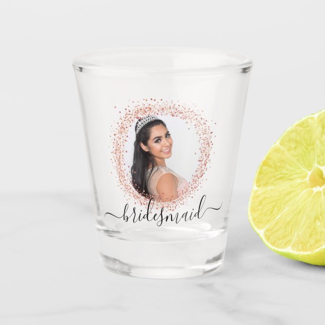 Bridesmaid rose gold photo glitter name script shot glass (Front)