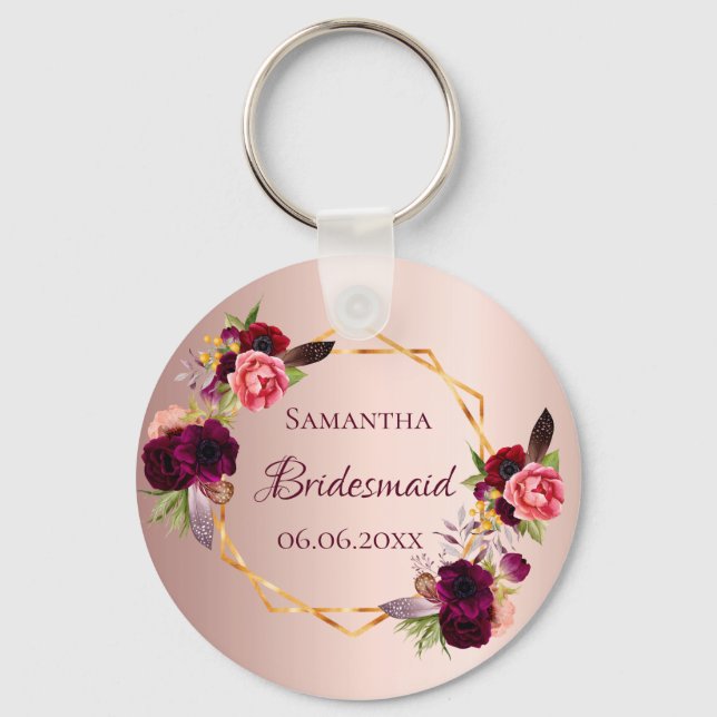 Bridesmaid rose gold watercolored florals burgundy keychain (Front)