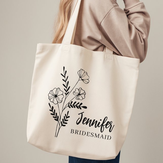 Bridesmaid | Rustic Bridal Party Personalized Name Tote Bag (Floral Wedding Tote Bag for Bride Squad, Personalized  Minimalist Floral Bridesmaid Tote bag for her)