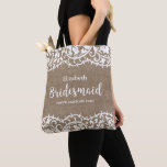 Bridesmaid Rustic Lace Burlap Personalized Wedding Tote Bag<br><div class="desc">Your bridesmaids will love this beautiful personalized tote bag featuring a rustic lace border set against a faux burlap background.  Add your bridesmaid's name and custom text to personalize.  Perfect for carrying wedding essentials like make-up,  shoes,  clothing and more.  Works well for rustic or country chic barn weddings.</div>
