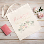 Bridesmaid Rustic Pink Gold Floral Boho Wedding Tote Bag<br><div class="desc">Custom wedding bridesmaid tote bag features an elegant boho style floral design with peony flowers, botanical leaves, and rustic bird feather accents. Personalize the custom text with the name and role of the person in your bridal party. Soft colour scheme includes pretty spring shades of pink, peach, cream, green, grey,...</div>