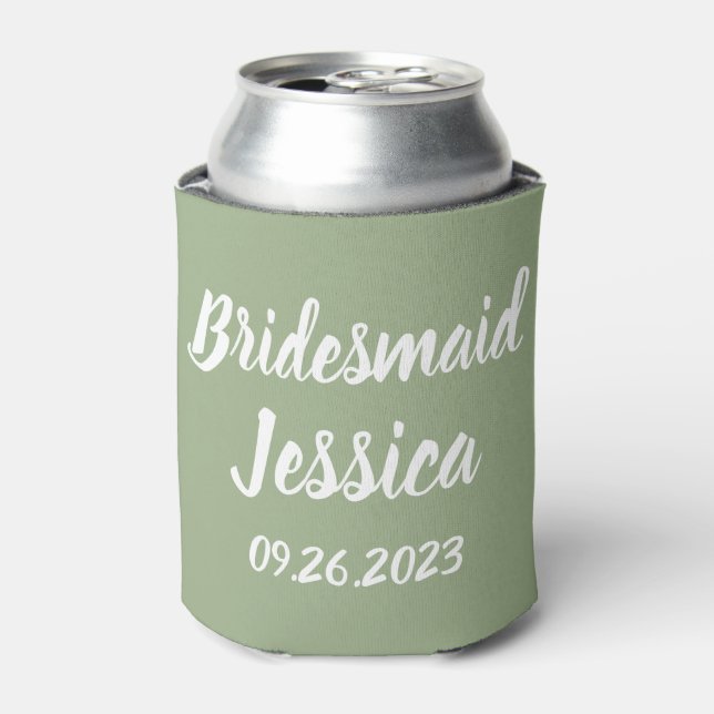 Bridesmaid Sage Green Elegant Script Weddings Can Cooler (Can Front)