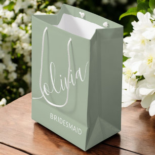 Bridesmaid Sage Green Minimalist Monogram Medium Gift Bag