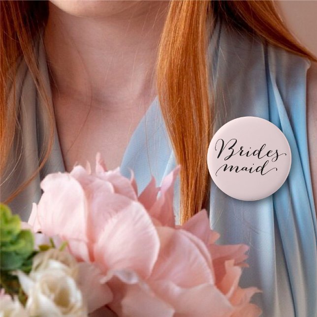 Bridesmaid Script Calligraphy Wedding Bridal Party 2 Inch Round Button (BRIDESMAID Classic Script Calligraphy Pink Wedding Bridal Party Pinback Button @ fatfatin_blue_knot)