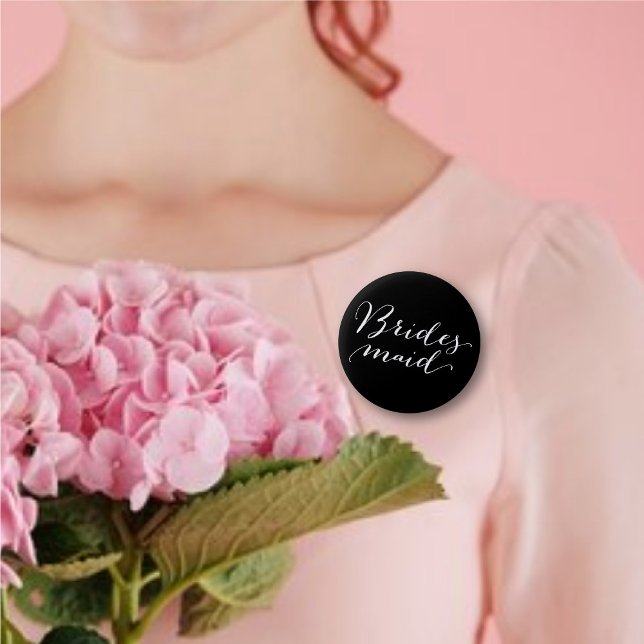 Bridesmaid Script Calligraphy Wedding Bridal Party 2 Inch Round Button (BRIDESMAID Classic Script Calligraphy B&W Wedding Bridal Party Pinback Button @ fatfatin_blue_knot)