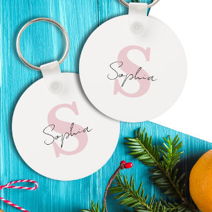 Bridesmaid Script Name and Pink Initial Monogram Keychain