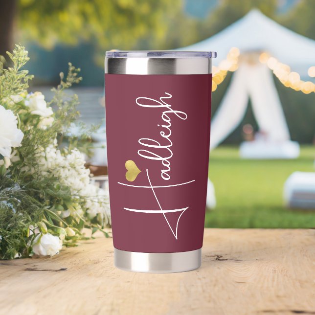 Bridesmaid | Script Name Gold Heart Burgundy Insulated Tumbler (Wedding)