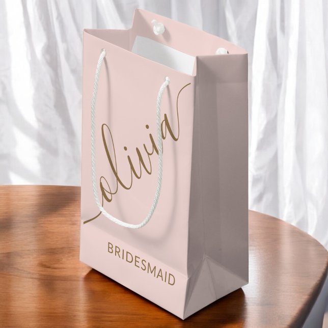 Bridesmaid  Script Pink Gold Minimalist Elegant Small Gift Bag (Creator Uploaded)