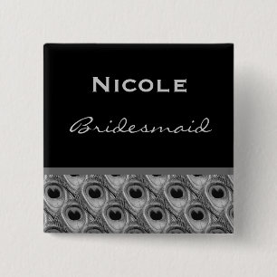 Bridesmaid Silver and Black Peacock Wedding 2 Inch Square Button