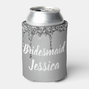 Bridesmaid Silver Drip Glitter Elegant Weddings Can Cooler