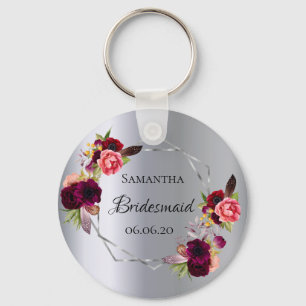 Bridesmaid silver florals burgundy keychain