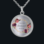 Bridesmaid silver florals burgundy sterling silver necklace<br><div class="desc">A trendy bohemian boho style gift for the Bridesmaid. Decorated with watercolored roses in burgundy and pink. Elegant faux silver looking background. A faux gold geometric frame. With the text: Bridesmaid written with a hand lettered style script. Template for the Bridesmaid name and a date. Black coloured letters. Perfect for...</div>
