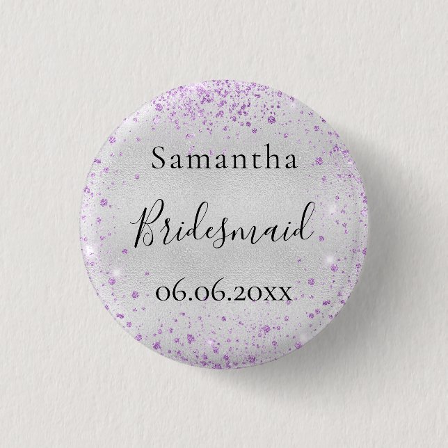 Bridesmaid silver violet sparkle elegant name 1 inch round button (Front)