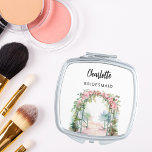 Bridesmaid summer garden wedding compact mirror<br><div class="desc">A romanticc summer garden with pink roses.  Personalize and add your bridesmaid's name.   Black handwritten style script.</div>