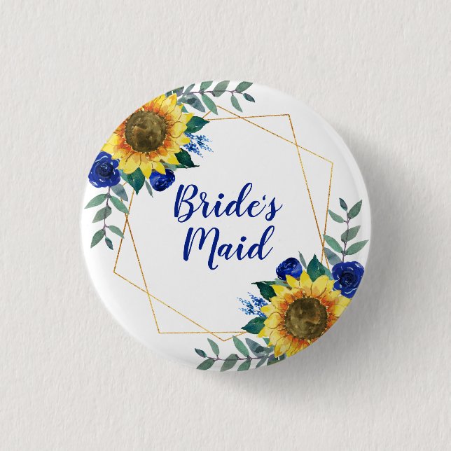 Bridesmaid Sunflower Geometric Blue Floral 1 Inch Round Button (Front)