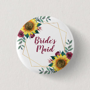 Bridesmaid Sunflower Geometric Burgundy 1 Inch Round Button