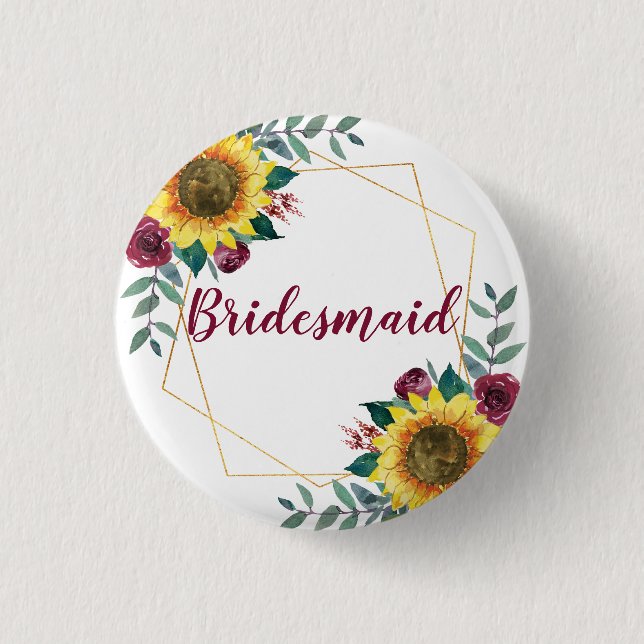 Bridesmaid Sunflower Geometric Burgundy 1 Inch Round Button (Front)