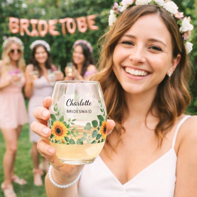 Bridesmaid sunflowers eucalyptus name stemless wine glass (Creator Uploaded)