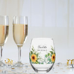 Bridesmaid sunflowers eucalyptus name stemless wine glass<br><div class="desc">Decorated with sunflowers and eucalyptus greenery.  Personalize and add your bridemaid's name.</div>