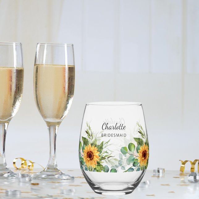 Bridesmaid sunflowers eucalyptus name stemless wine glass (Creator Uploaded)